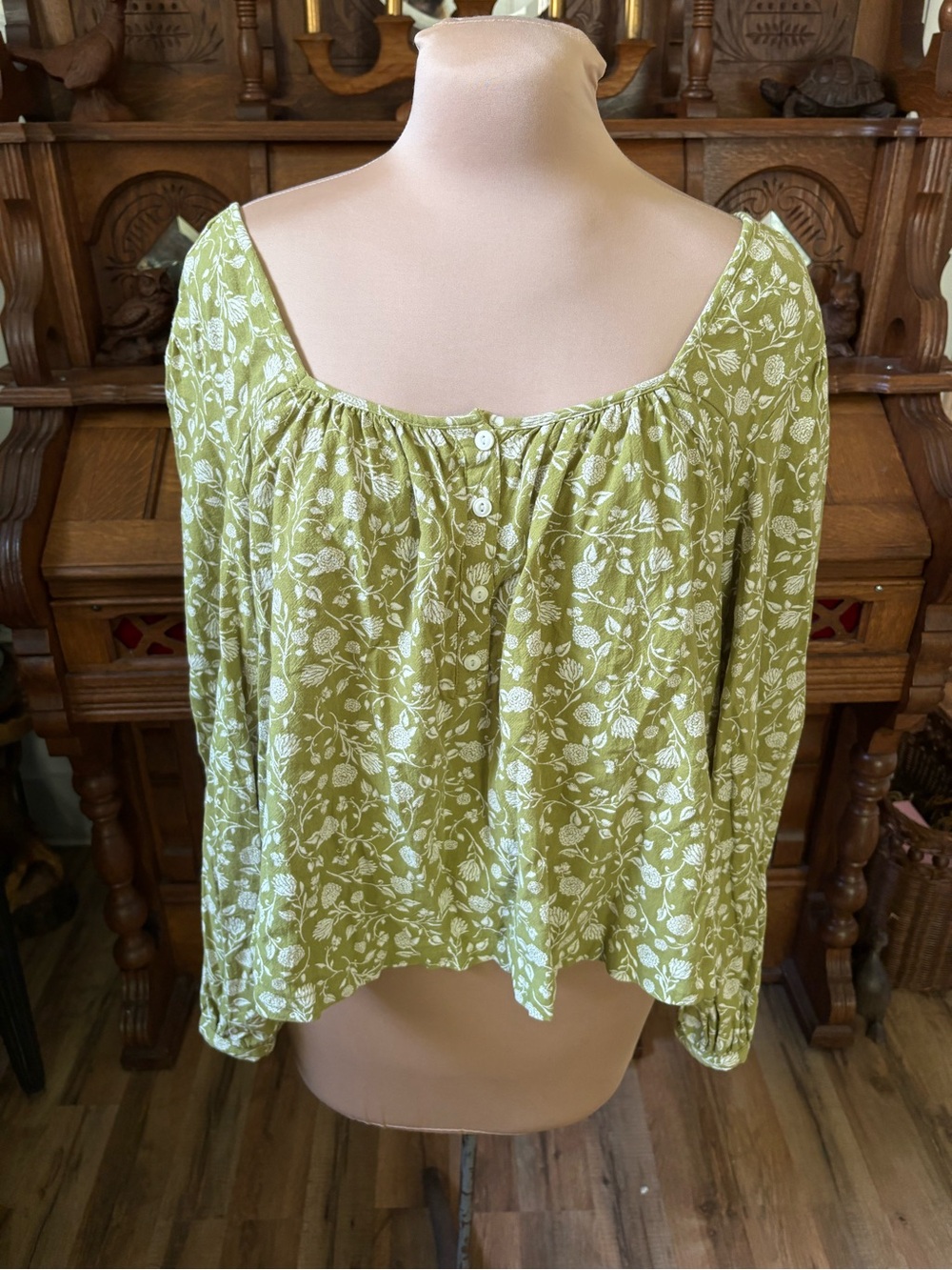 Green and Cream Boho Floral Peasant Top - Women